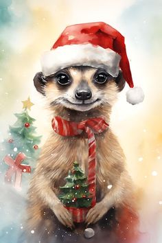 a painting of a meerkat wearing a santa hat and holding a christmas tree