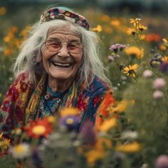 an old woman standing in a field full of wildflowers and smiling at the camera