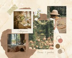 a collage of photos with flowers and pictures on them, including a woman in a hat