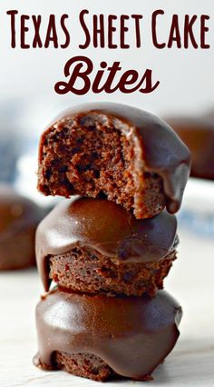 three chocolate texas sheet cake bites stacked on top of each other with the title above it