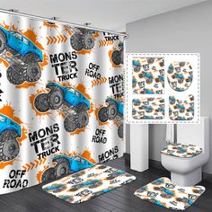 a bathroom with monster trucks on the shower curtain, rugs and toilet cover set