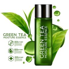 cosmetic bottle with green tea and leaves on the white background for advertising, poster or brochure