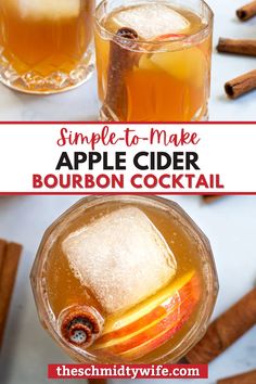 two glasses filled with apple cider bourbon cocktail on top of a white table next to cinnamon