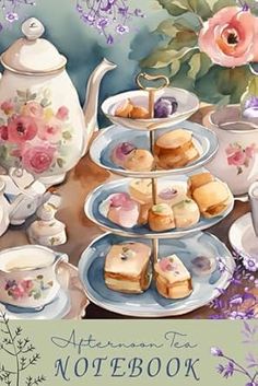 a painting of afternoon tea and cake on a table with pink flowers in the background