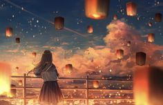 a girl standing on a balcony looking at lanterns in the sky