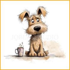 a drawing of a dog next to a coffee cup