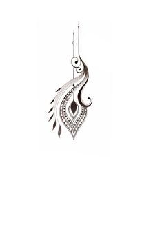 a drawing of a bird hanging from a hook on a white wall with an intricate design