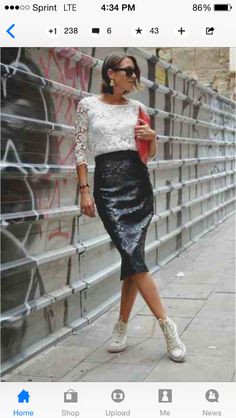 Sparkly n chucks Sequin Skirt With Sneakers, Sequin Pencil Skirt Outfit, Glitter Skirt Outfit, Barcelona Street Style, Pencil Skirt Outfits Casual, Skirts With Sneakers, Barcelona Street, Zaful Dresses, Sparkly Skirt