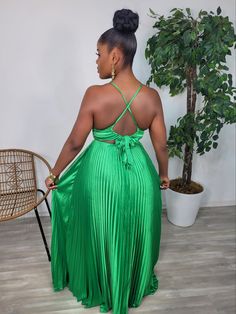 Model is wearing small Satin Pleated Maxi Dress 97% polyester 3% Spandex Green Pleated Dress, Pleated Maxi Dress, Pleated Maxi, Maxi Dress Green, Swimwear Accessories, Bright Green, Pleated Dress, Jumpsuit Dress, Halter Dress