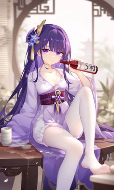 a woman with long purple hair sitting on a table holding a bottle and a baseball bat