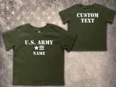 Our personalized U.S. Army cotton tee will delight any youngster with their name on the front and 2 lines of custom text on the back. Match their favorite hero with their name and optional, platoon, rank or other text on the back. Perfect gift for birthday or Christmas and works great for dress up too. Rabbit Skins brand made of soft 100% cotton. Personalized Green Cotton T-shirt, Personalized Green Short Sleeve Tops, Personalized Green Cotton Tops, Gift For Birthday, Kids Tops, On Back, Army Green, Cotton Tee, Soldier