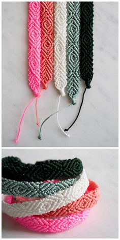 three different types of bracelets are shown in the same color and pattern, one is pink