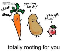 two carrots and one radish are standing next to each other, with the caption totally rooting for you