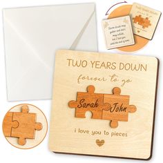 two years down personalized wooden puzzle card and envelope with matching magnets on it