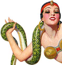 a woman with a snake wrapped around her neck and wearing headdress, is shown in this vintage illustration