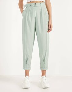 Green Cotton High-waisted Pants, Green Ankle-length Cotton Pants, Ankle-length Green Cotton Pants, Zara High-waisted Pants With Elastic Waistband, Stylish Pants Women, Women Trousers Design, Womens Pants Design, Pants Women Fashion, Salwar Kamiz