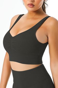 Black Plain Ribbed V Neck Sports Bra Black Ribbed Stretch Activewear, Black Stretch Ribbed Activewear, Solid Color Activewear For Gym, Black Ribbed Activewear For Sports, Ribbed Sports Bra For Gym, Casual Ribbed Sports Bra, Black Ribbed Workout Top, Black Ribbed Gym Activewear, Black Ribbed Athleisure Activewear