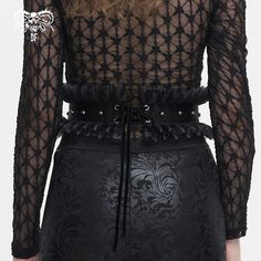 The hem of this gothic belt is patchwork with ruffled lace and mesh. An exquisite buckle on the front and lace-up on the back for adjustment. Detailed buttons for decoration. 
 
Material:?Faux Leather; Cotton 
Weight: 0.13KG 
Size: XS-4XL 
SKU:?AS160 Gothic Belt, Faux Leather Belts, Black Belt, Leather Belt, Faux Leather, Buckle, Lace Up, Mesh, Lace