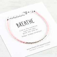 Minimalist Breathe Bracelet with SILVER and glass seed beads in your color choice (see additional photos).Placed on a professionally printed inspirational message card.Inspirational message: BREATHE "Live in the sunshine, swim the sea, drink the wild air." - Ralph Waldo EmersonOne bracelet with message card enclosed in crystal clear packaging inside a kraft gift bag included with each order.Bracelets are adjustable from 6.5 to 7.5 inches that fits most wrists. If you prefer a different size, ple Minimalist Adjustable Beaded Bracelets For Summer, Adjustable Minimalist Beaded Bracelets For Summer, Minimalist Friendship Bracelets For Summer Gift, Minimalist Friendship Bracelets For Summer, Minimalist Beaded Bracelets For Beach In Summer, Hypoallergenic Friendship Bracelets Summer Gift, Hypoallergenic Friendship Bracelets For Summer Gift, Minimalist Beaded Bracelets For Beach Summer, Minimalist Beaded Bracelets For Summer Beach