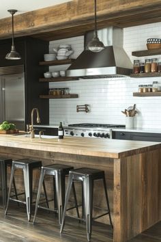 a kitchen with wooden counter tops and metal stools