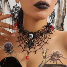 Handmade Punk Gothic Jewelry Set for Halloween, 3 Pieces Black Lace Spider Web Skull Choker and Earrings Set, Gothic Jewelry, Spider Web, Black Lace, Jewelry Set, Earring Set, Halloween Shopping, Jewelry Earrings Dangle, Dangle Drop Earrings, Dangle Earrings