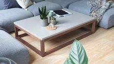 a living room with blue couches and a coffee table in the middle, surrounded by potted plants