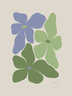 three blue and green flowers on a beige background