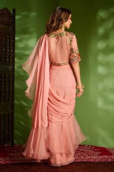 Shop for Aman Takyar Pink Georgette Pre-draped Saree With Blouse for Women Online at Aza Fashions Pink Georgette Saree, Bead Tassels, Onion Pink, Organza Embroidery, Draped Saree, Drape Saree, Pattern Embroidery, Blouse For Women, Georgette Saree