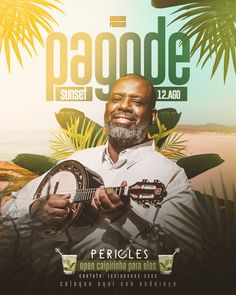 a man with a beard holding a small instrument in front of palm trees and the words pagonde