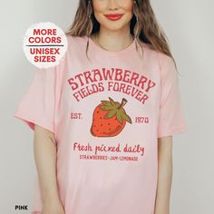 🧵- This is a classic unisex jersey short sleeve tee made to order specially for you!. There are no side seams which ensures a clean flow. The solid colors such as white are 100% cotton. Heather colors are 52% cotton , and ash is 99% cotton 1% polyester. 🫧 - Care and wash instructions: bleach as needed, Do not iron, do not dry clean, machine wash cold (max 30c or 90F), do not tumblr dry. - Any rolled sleeves in pictures are styled that way, the sleeves do not already come rolled naturally. 🖨 - The ink is printed directly into the fabric. Since the ink is not sitting on top of the fabric , the design will not chip or peel. - For size guide please look at listing photos for the size chart. 👚👕 - These shirts are unisex, For a more fitted look we recommend sizing down 1 size. For a more lo Cute Pink T-shirt With Strawberry Print, Cute Strawberry Print Shirt For Spring, Cotton T-shirt With Strawberry Print, Cotton Short Sleeve T-shirt With Strawberry Print, Pink Short Sleeve Shirt With Strawberry Print, Trendy Red T-shirt With Strawberry Print, Pink Short Sleeve Tops With Fruit Print, Cute Pink Shirt With Strawberry Print, Cute Strawberry Print Crew Neck T-shirt