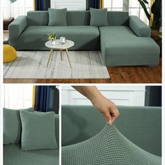 this is an image of a couch that has been made into a sectional with the cover pulled down