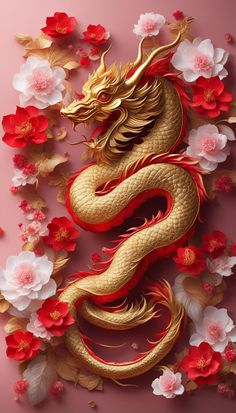 a golden dragon with red and white flowers on it's body, surrounded by petals