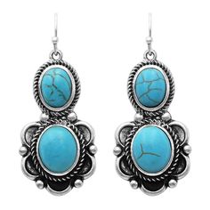 Vintage bohemian vibes with these western inspired earrings. Two oval shaped turquoise-hued natural dyed howlite in an ornate silver frames etched with artisanal textured arcs around the natural semi precious stone in a Southwestern-inspired fashion are sure to be head turners!  Earrings measure 1.75 inch length by.75 inch width on fish wire hooks.  Two rounded turquoise colored semi precious natural howlite stones set in burnished silver tone dangling conchos. Earrings have a unique artisan des Easter Jewelry, Western Necklaces, Bohemian Vibes, Casual Earrings, Western Earrings, Vintage Cowgirl, Southwest Jewelry, Silver Jewelry Necklace, Heart Dangle Earrings