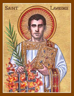 the icon of saint lawrence is shown in brown and gold frame with an orange flower