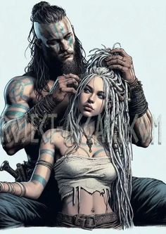 a drawing of a man and woman with dreadlocks on their heads, sitting next to each other