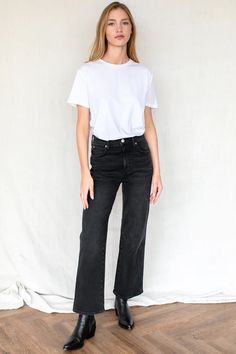 Treasure Straight Ankle - Onyx Wash - Emerson Fry Classic High Rise Flare Jeans, Classic Cropped Flare Jeans With Belt Loops, Classic Washed Black Workwear Pants, Mid-rise Flare Jeans In Washed Black For Work, Classic Flare Jeans For Workwear, Classic Mid-rise Bottoms With Seam Detailing, Classic Wide Leg Cropped Jeans, Classic High Waist Cropped Jeans, Classic Washed Black Bottoms With Standard Cut Leg