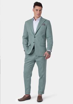 Delivered in as little as two weeks. Jacket & pants included. Vest optional. Covered by our Free Remake Guarantee. Complete the look with Shirts, Ties & Squares. Green Linen Suit, Custom Made Suits, Center Of Attention, Custom Suit, Linen Suit, Jade Green, Effortless Style, Jade, Suit Jacket