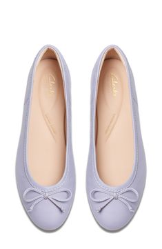 A delicate vamp bow and rich leather distinguish a timeless ballet flat grounded by a cushioned footbed for lasting comfort. Cushioned footbed Leather upper and lining/rubber sole Imported Dollette Shoes, Fancy Flat Shoes, Purple Ballet Flats, Purple Flats, Fancy Flats, Dr Shoes, Dress Flats, Girly Shoes, Aesthetic Shoes