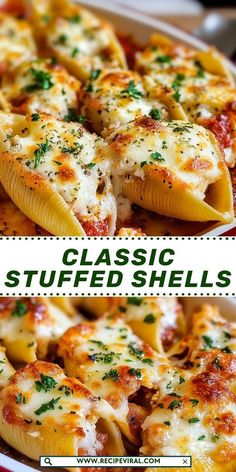 two images show different types of shells with cheese and herbs on them, one has been stuffed in the shell