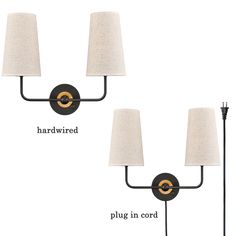 two lamps are shown with the words, hardware and plug in cord attached to them