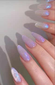 Almond Shape Sparkle Nails, Short Almond Nails Designs Glitter, June Inspired Nails, Hybrid Gel Nail Design, Korean Iridescent Nails, Pink Purple Iridescent Nails, Chameleon Powder Nails, Unicorn Ombre Nails, Iridescent Nail Ideas