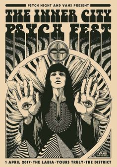 a poster for the inner city psychic fest, which features an image of a woman holding her hands up