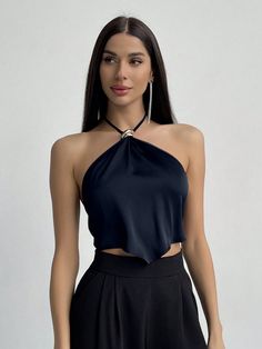 Metal Decorated Asymmetrical Hem Tie Back Halter Neck Top Navy Blue Casual,Sexy   Satin Plain Halter Slight Stretch  Women Clothing, size features are:Bust: ,Length: ,Sleeve Length: Tie Neck Top, Tie Neck Tops, Top Halter, Irregular Hem, Halter Neck Top, Tank Top Cami, Brunettes, Black Casual, Asymmetric Hem