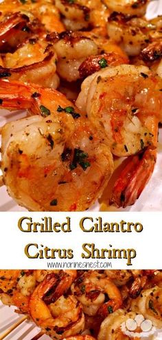 grilled cilantro citrus shrimp on a white plate with text overlay that reads grilled cilantro citrus shrimp