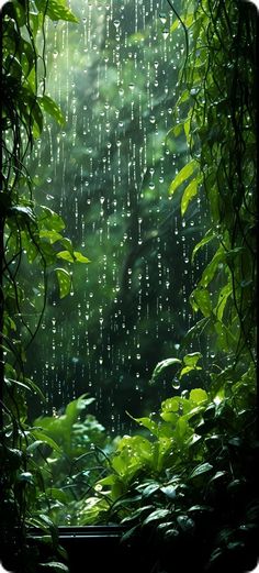 rain falling down in the forest with green plants and leaves on it's sides