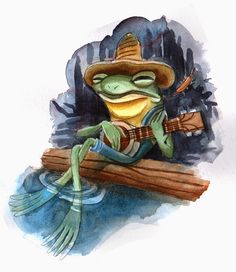 a watercolor painting of a frog wearing a cowboy hat and holding a guitar