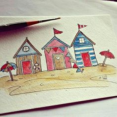 a drawing of beach huts with umbrellas and flags on the sand by a watercolor pencil