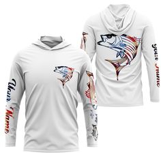 a white hoodie with an american fish design on the front and back, along with two matching sleeves