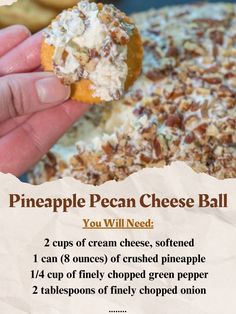 Pineapple Pecan Cheese Ball\nIngredients: cream cheese, crushed pineapple, green pepper, onion, pecans, seasoned salt\nInstructions: Mix cream cheese & pineapple, add flavor, form ball, coat with pecans, chill, serve with crackers\nHashTags: #PecanPerfection #CheeseBallLove #PineappleDelight Pineapple Pecan Cheese Ball, Pineapple Cheese Ball, Pecan Cheese Ball, Pineapple Cheese, Cheese Ball Recipes Easy, Grandma's Recipes, Pecan Rolls, Christmas Baking Recipes, Twisted Recipes