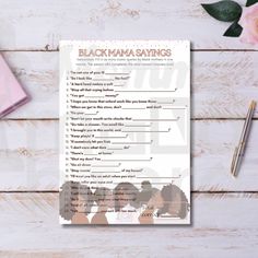 a printable black mamma savings checklist next to a pen, notebook and flowers